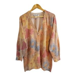 Vintage Gabriella T Linen Blend Floral Cardigan Womens Size 1X Italy Long Sleeve